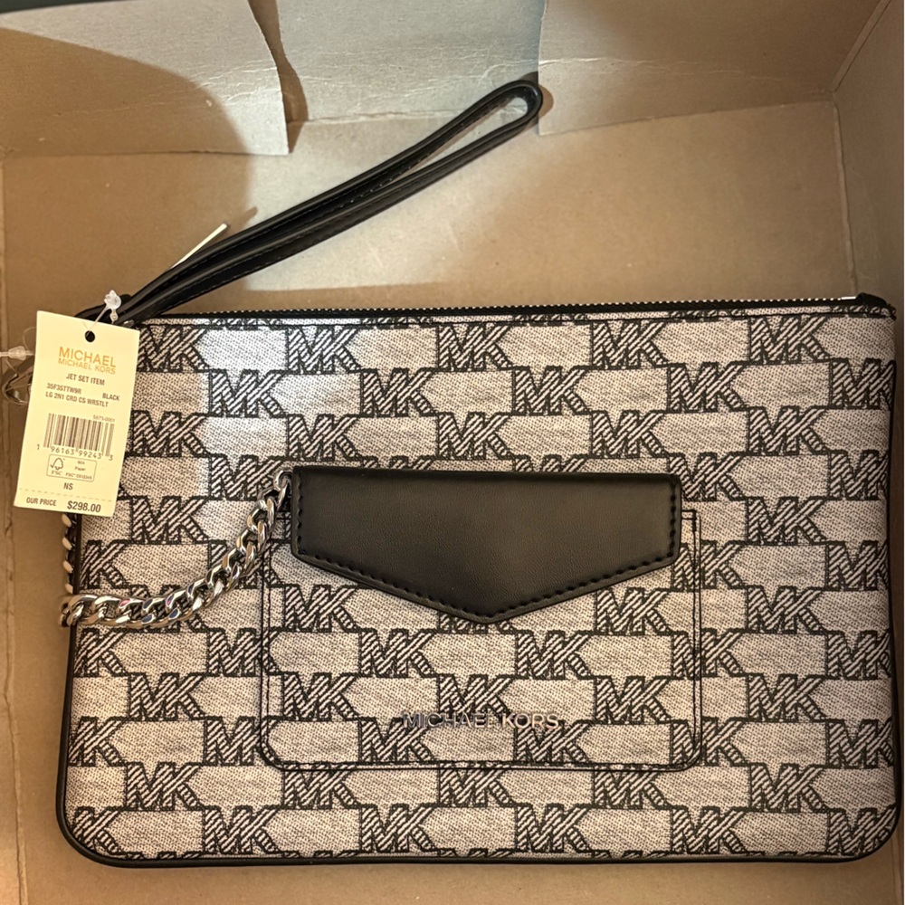 Michael Kors Black & Ivory Logo-Print Wristlet Clutch